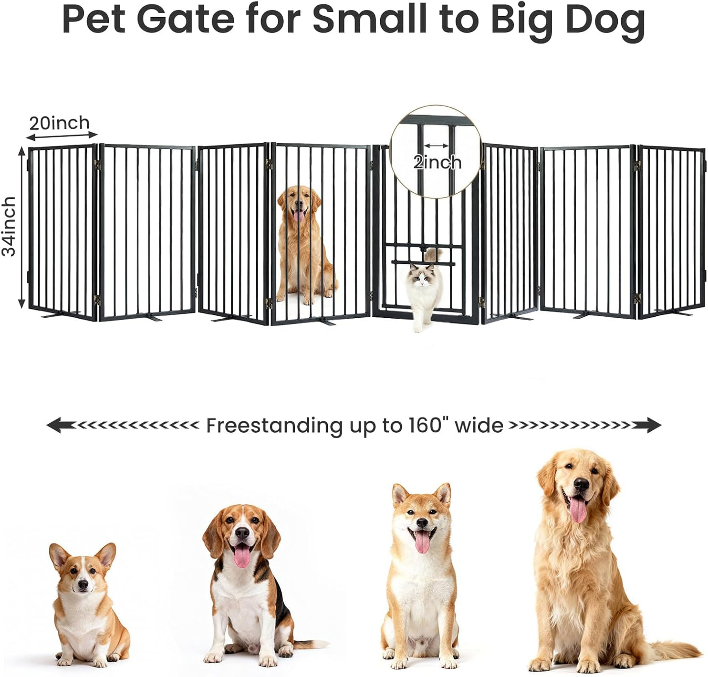 Metal Freestanding Dog Gate with Cat Door for Outdoor Indoor,80" Extra Wide Foldable Pet Fence,30" Tall Dog Gate for Large Opening,Stairs,Hallways,Doorways,Deck,Yard,with 3PCS Support(4 Panels,Black)