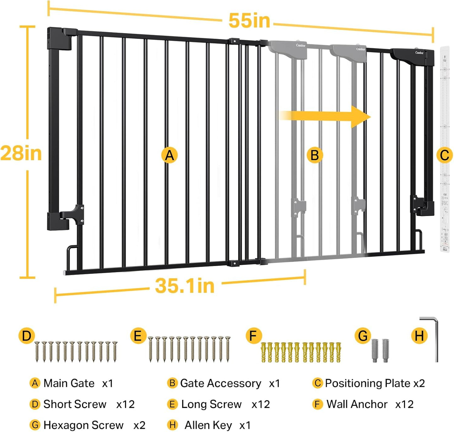 Cumbor 29.2–43" Baby Gate for Stairs, Hardware Mounted (Drill Required), Expandable No Bottom Bar Dog Gate, Auto Close Extra Wide Walk Thru, Pet & Toddler Proof Gate, Top & Bottom of Stairways(Black)