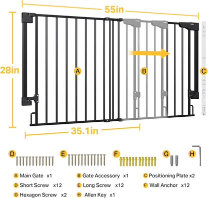 Cumbor 29.2–43" Baby Gate for Stairs, Hardware Mounted (Drill Required), Expandable No Bottom Bar Dog Gate, Auto Close Extra Wide Walk Thru, Pet & Toddler Proof Gate, Top & Bottom of Stairways(Black)