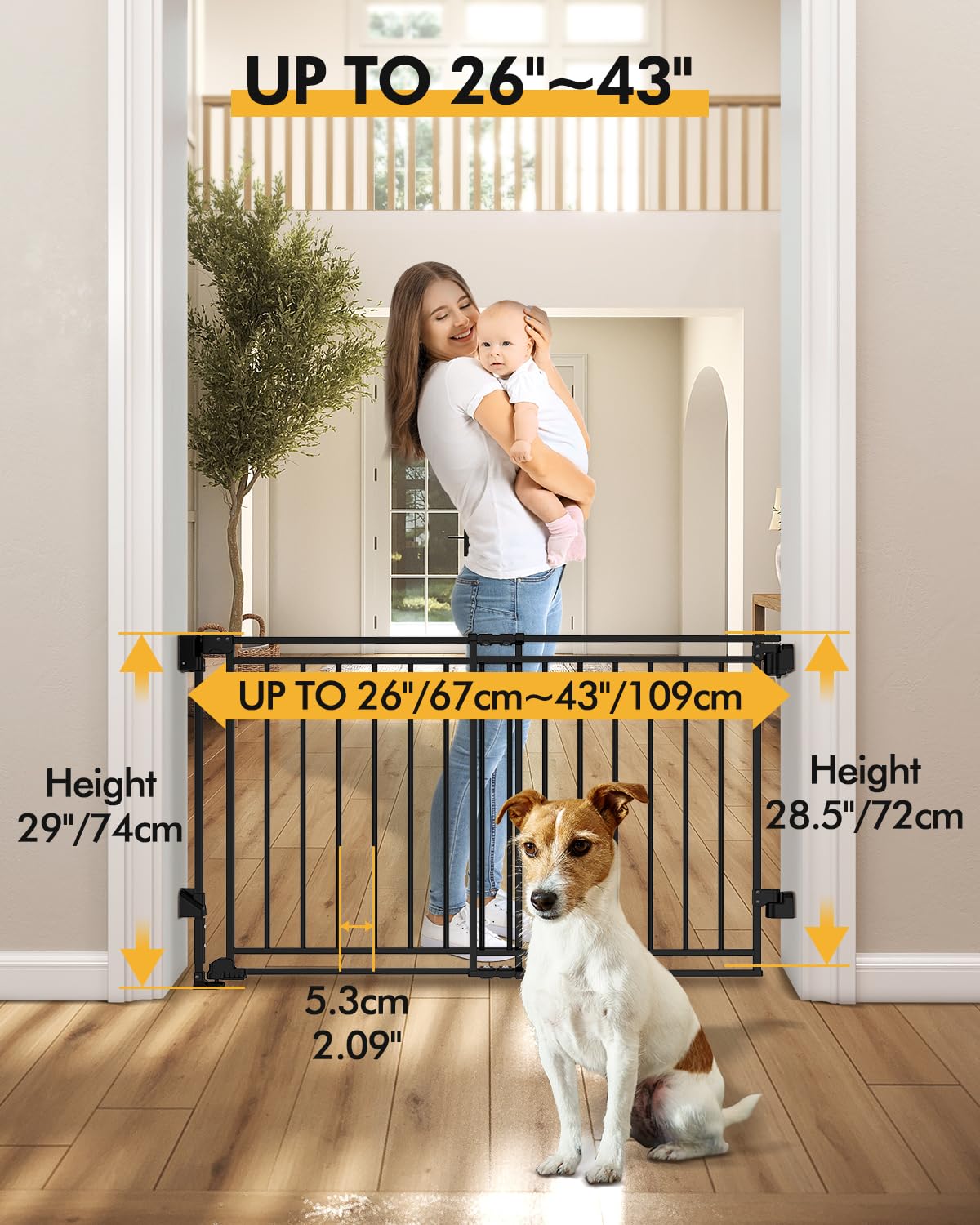Extra Wide Baby Gate for Doorways 29" Tall Safety Gate for Kids&Pets,Pressure Mounted with Auto Close,Walk-Thru Metal Gate,Adjustable Width 26.4"-43",Indoor Pet Gate for Stairs & Hallways Black