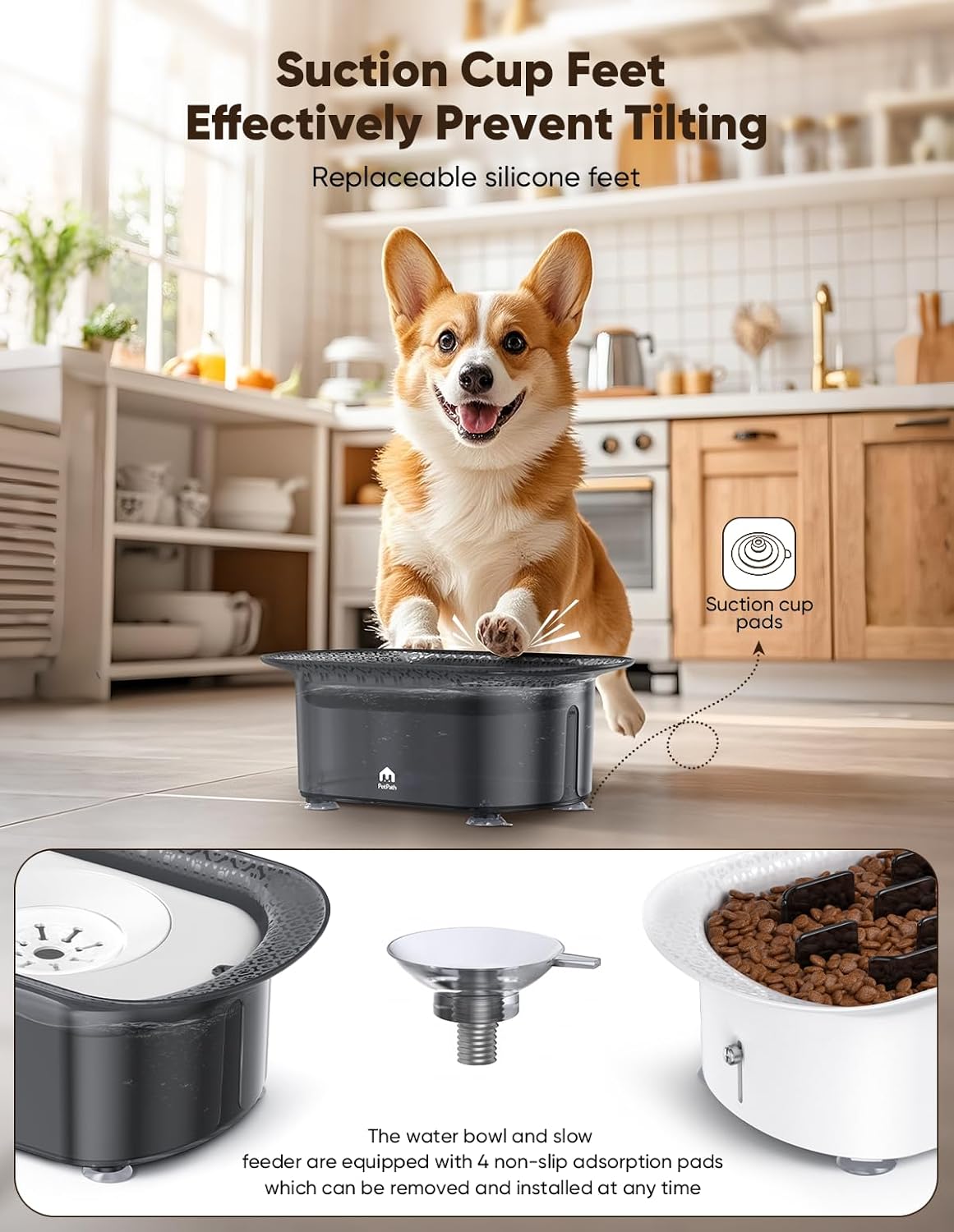 Dog Water Bowl, 2.2L No Spill Water Bowl for Dogs,with Suction Cup Foot Pad Reduce Refill, Anti Splash No Mess Dispenser Dripless Slow Drinking Water Bowl for Sloppy Messy Drinkers (Gray)