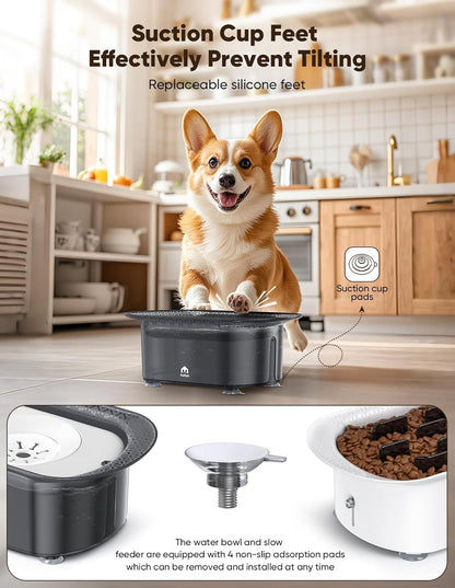 Dog Water Bowl, 2.2L No Spill Water Bowl for Dogs,with Suction Cup Foot Pad Reduce Refill, Anti Splash No Mess Dispenser Dripless Slow Drinking Water Bowl for Sloppy Messy Drinkers (Gray)