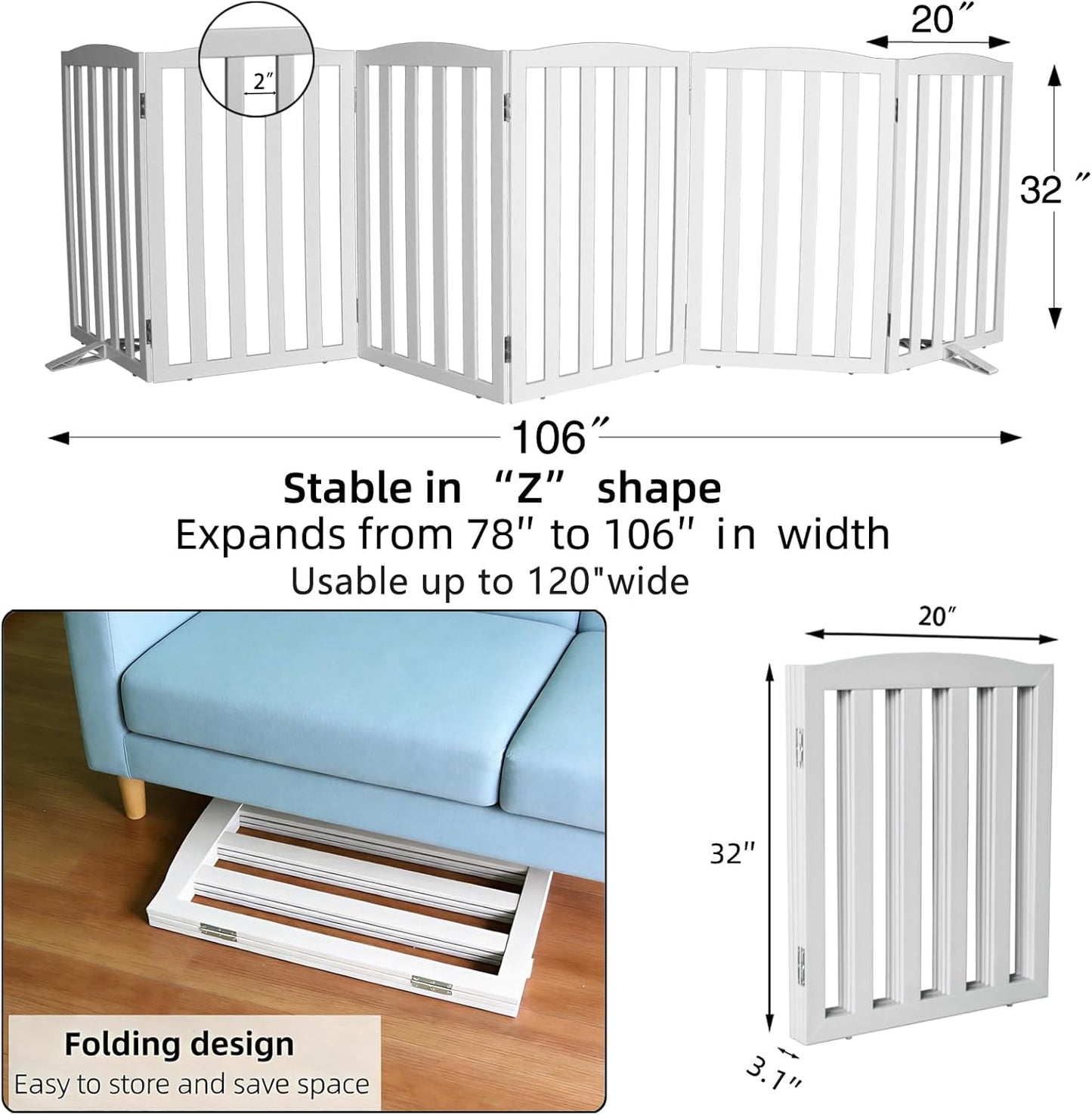 ZJSF Foldable Freestanding Indoor Dog Gate for House Wood White Long Pet Gates Dog Fence for Stairs Puppy Gates for Hallways,Pet Fence, Puppy Gate,Support Feet Included 24 "Height-3 Panels