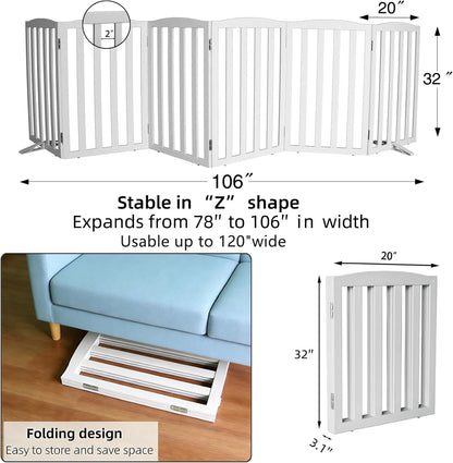 ZJSF Foldable Freestanding Indoor Dog Gate for House Wood White Long Pet Gates Dog Fence for Stairs Puppy Gates for Hallways,Pet Fence, Puppy Gate,Support Feet Included 24 "Height-3 Panels