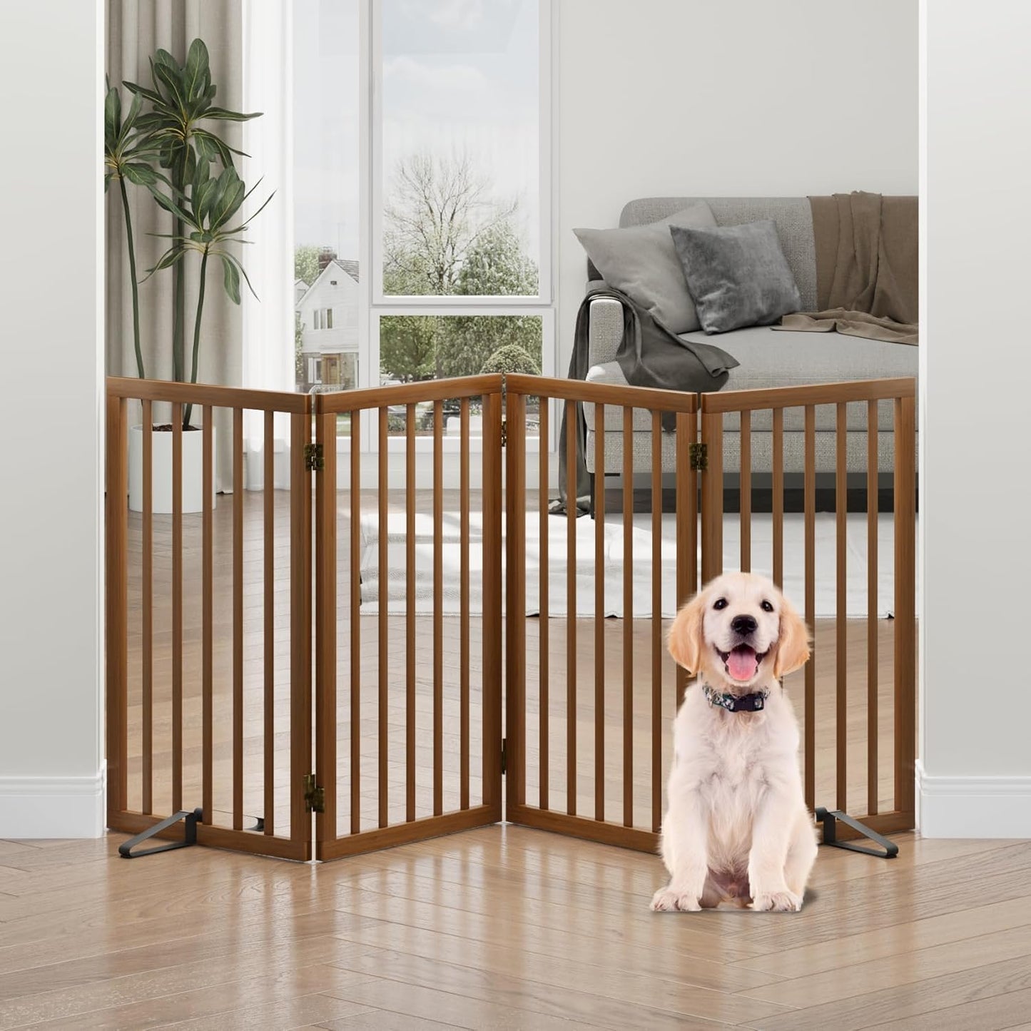 Freestanding Foldable Dog Gate - 4 Panel Room Divider with Metal Support Feet (Black)