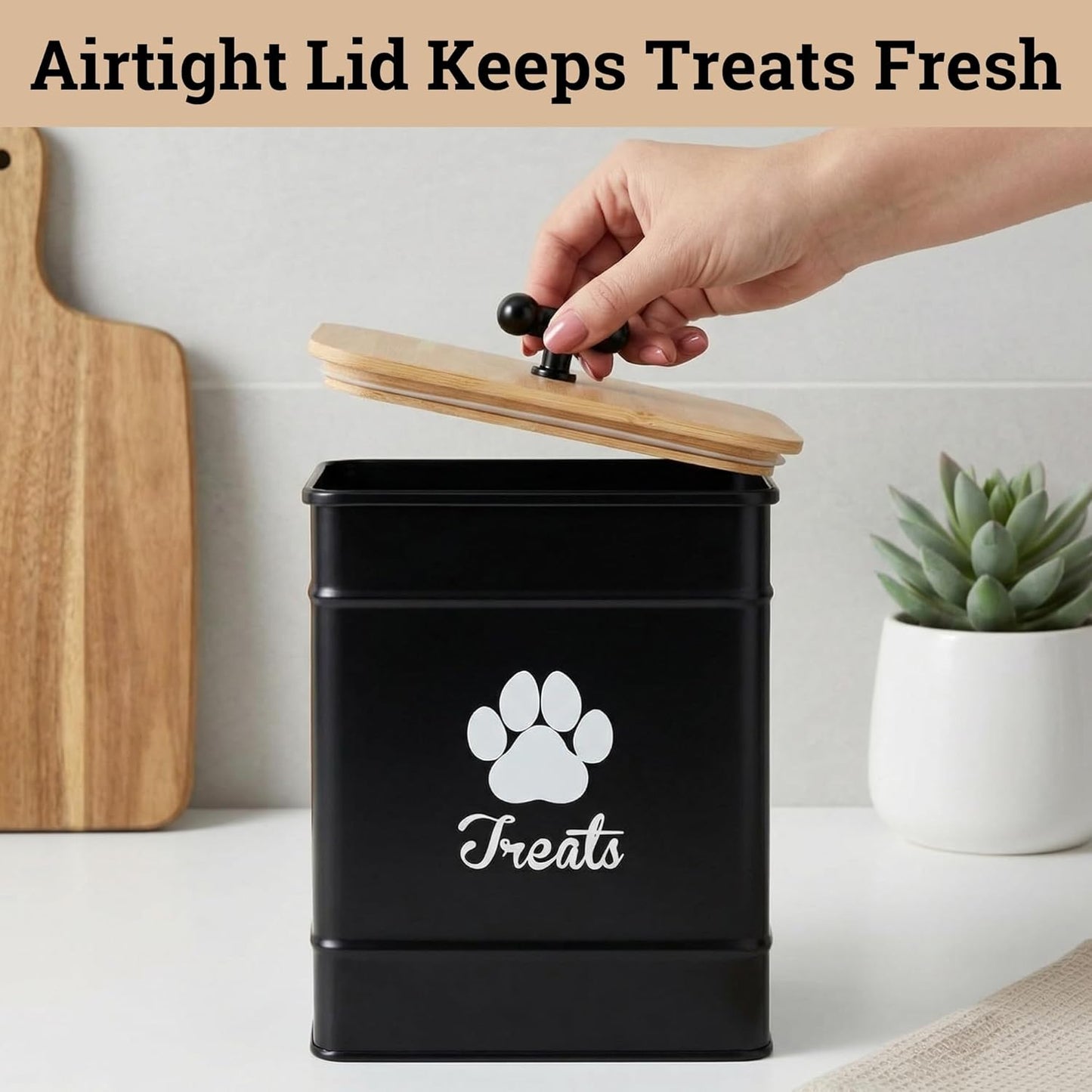 Dog Treat Container Airtight - 6 Inch Wide x 8 Inch Tall Iron Dog Treat Jar for Kitchen Counter with Airtight Bamboo Lid - 12 Cup Capacity Pet Treat Container - Doggie Cookie Jar - Big Treats Canister