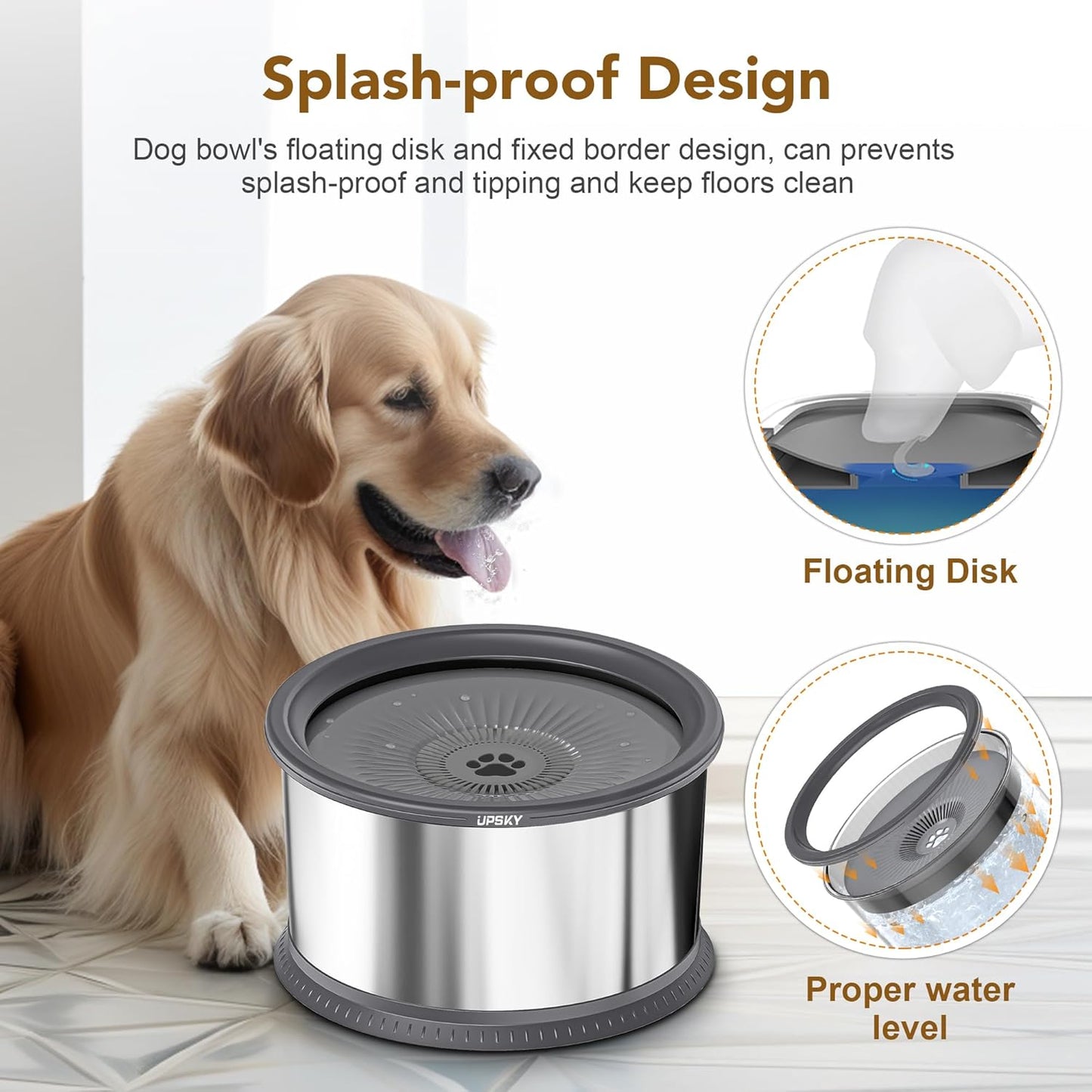 UPSKY 2.5L Dog Water Bowl, No Spill Dog Water Bowl, Stainless Steel Spill Proof Slow Water Feeder,No Splash Water Bowl with Anti-Slip Mat for Messy Drinkers Grey, D.2.5L