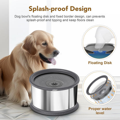 UPSKY 2.5L Dog Water Bowl, No Spill Dog Water Bowl, Stainless Steel Spill Proof Slow Water Feeder,No Splash Water Bowl with Anti-Slip Mat for Messy Drinkers Grey, D.2.5L