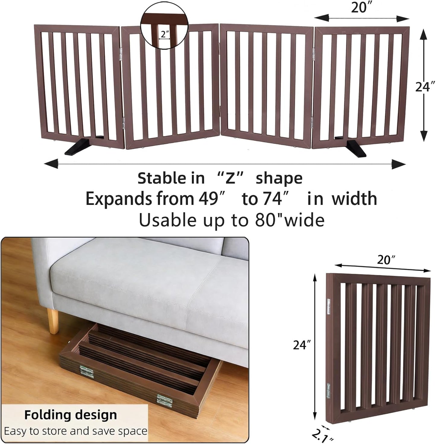 ZJSF Freestanding Indoor Dog Gate for House Foldable Wood Puppy Gate for Doorways Pet Gate for Stairs Extra Wide Pet Fence, Brown, 24" Height 3 Panels