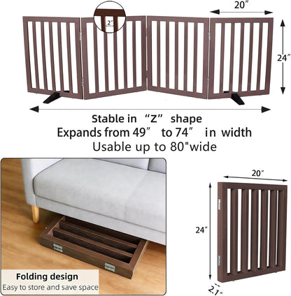 ZJSF Freestanding Indoor Dog Gate for House Foldable Wood Puppy Gate for Doorways Pet Gate for Stairs Extra Wide Pet Fence, Brown, 24" Height 3 Panels