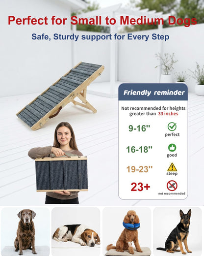 Dog Ramp for Sofa, Couch – Foldable Wooden Pet Ramp with 4 Adjustable Heights, Anti-Slip Surface & Safety Support for Small Dogs, Senior Pets with Joint Pain – Portable Pet Steps Stairs (S)