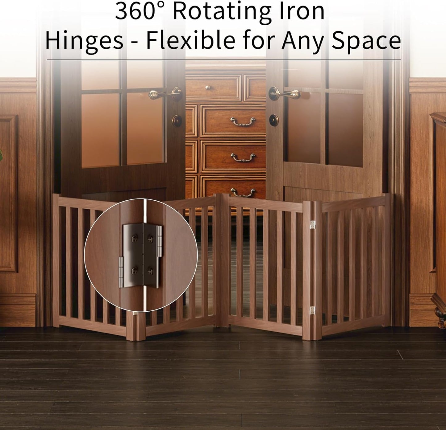 2-Panel Solid Wood Dog Gate - Freestanding Folding Pet Gate for Doorways, Stairs, Indoor, 24" Height, No Installation Needed, Natural Wood