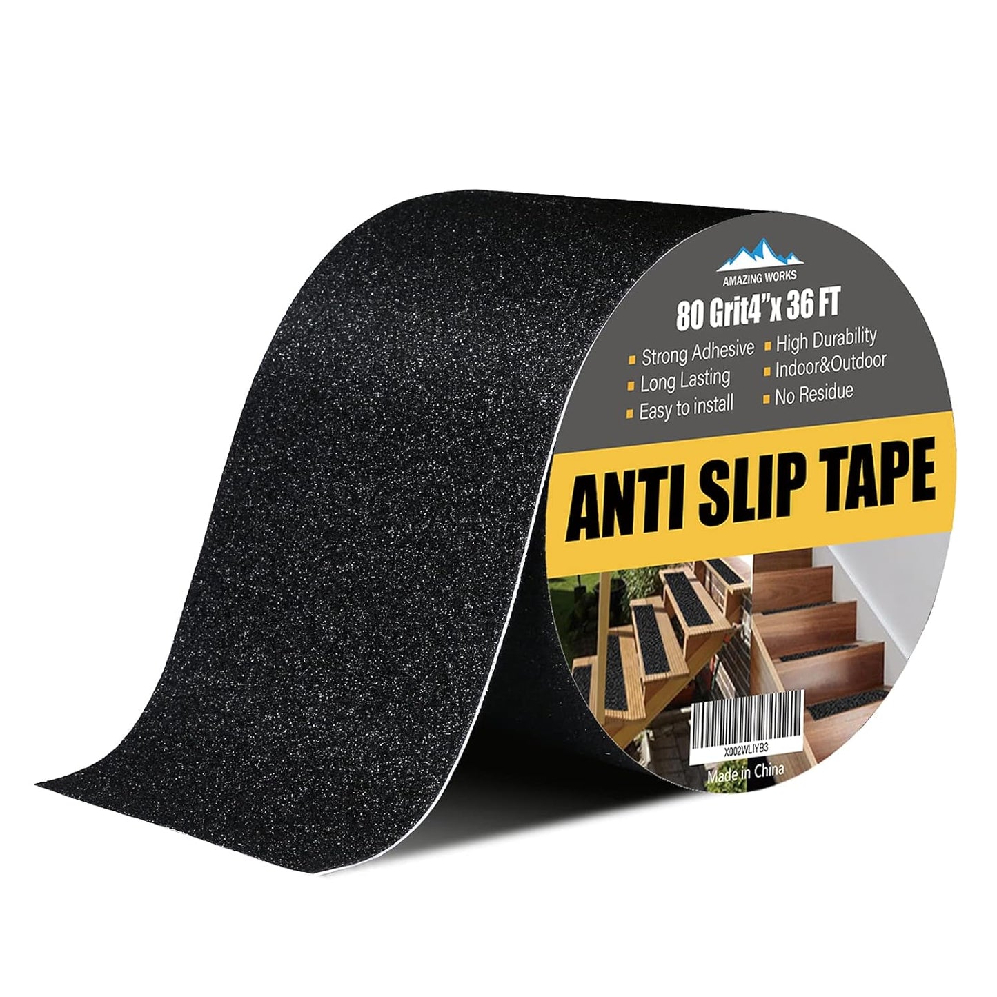 Grip Tape - Heavy Duty Anti Slip Tape 80 Grit Non Slip for Stairs Outdoor/Indoor, Waterproof High Traction Stairs Non Skid Treads, Durable Triple Layer Adhesive - Black (1 Inch x 20 Feet)