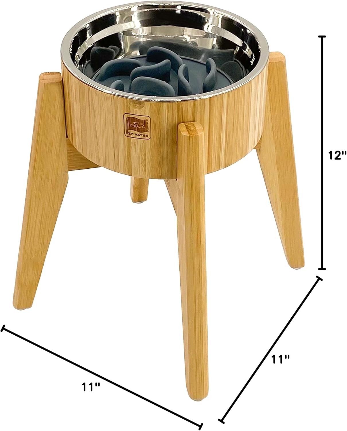 Elevated Slow Feeder Dog Bowls Large Breed - (12-inch-high) - Raised Bowl with Anti-Choking Insert - Stainless Metal and Bamboo