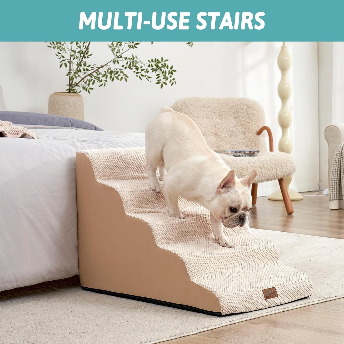 COZY KISS Dog Stairs for Small Dogs 15.7" H, Curved Dog Step for Puppy, Older Cat, Medium Pet Ramp for Sofa, Couch or Chair, Ladder with High Density Foam, 3 Step, 15.7x22.4x15.7 inch, Beige