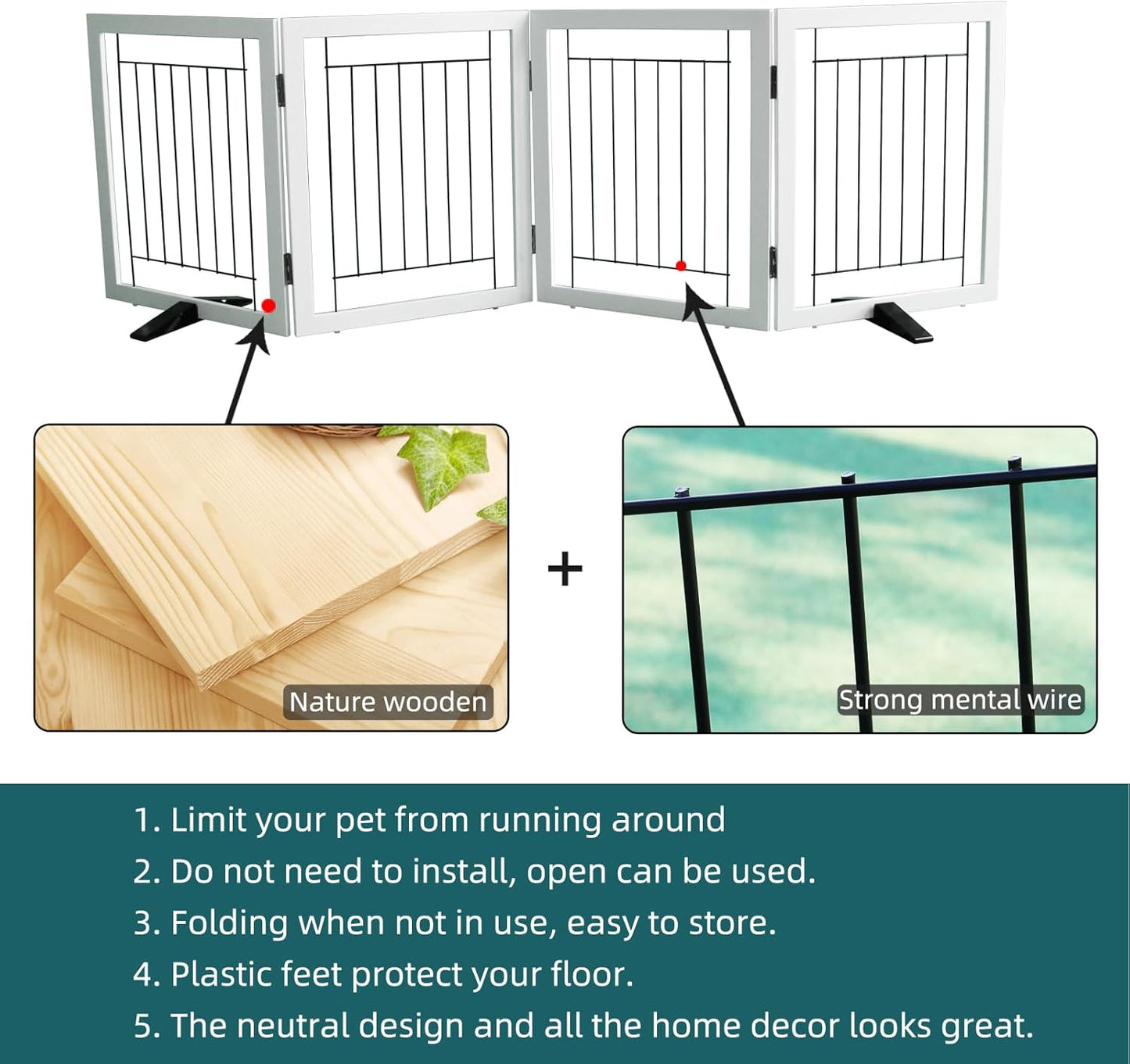 ZJSF Freestanding Dog Gate Indoor, Foldable Dog Fence for Doorways,Hallways or Stairs, Sturdy Wood Extra Wide Pet Gate with Support Feet,Black,24 "Height-3 Panels
