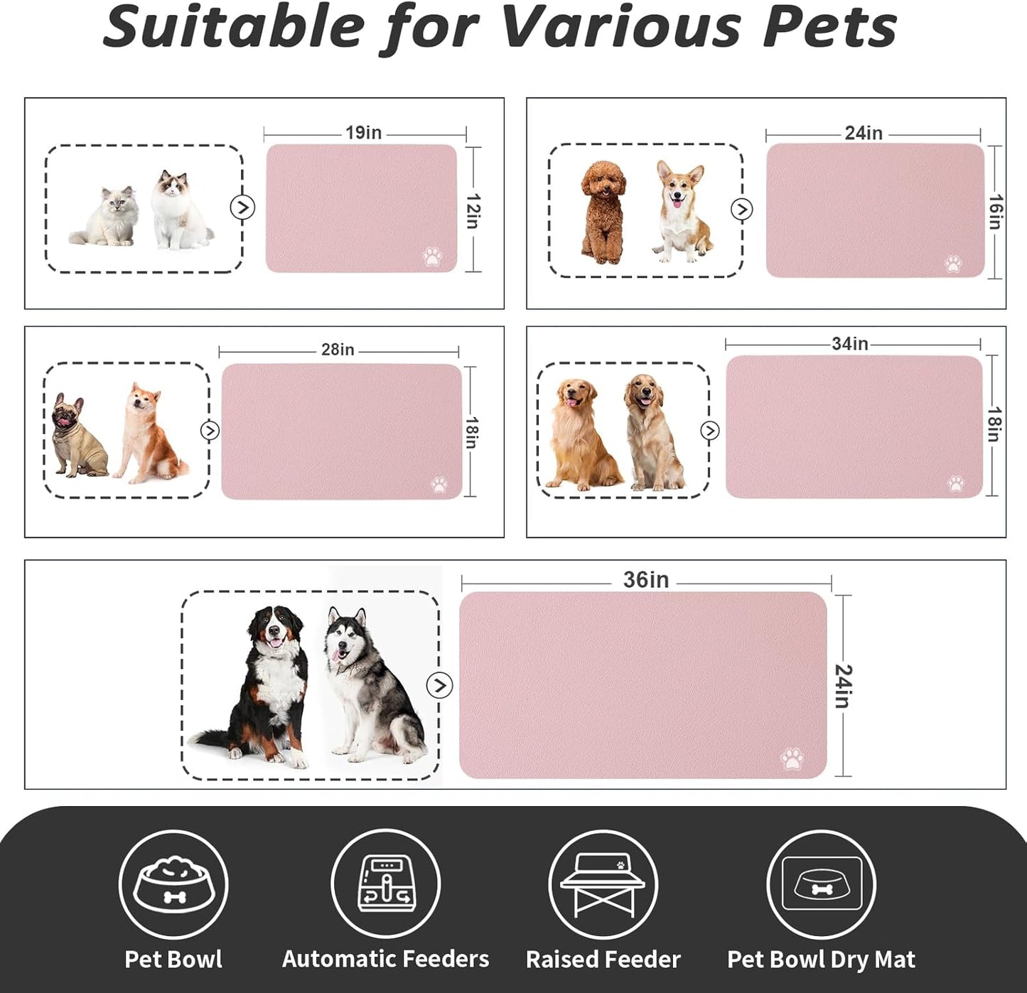 HotLive Dog Food Mat - Absorbent Cat Mat for Food and Water, No Stains Pet Feeding Bowl Mat, Easy to Clean Pet Placemats, Quick Dry Dog Water Dispenser Mat for Messy Drinkers | Paw Dark Grey 12"x 19"
