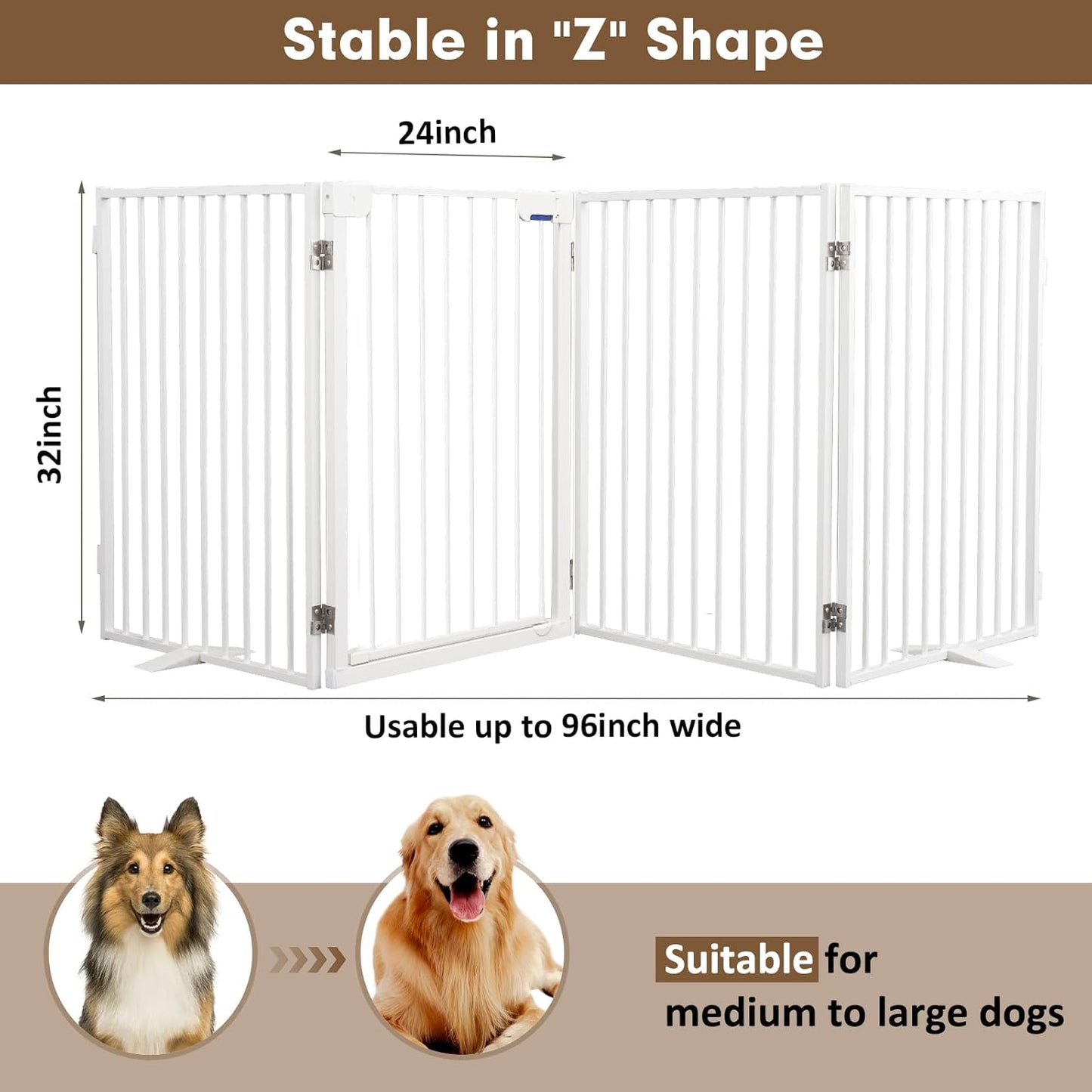 Metal Freestanding Dog Gates,Extra Wide 24", 32" Height Foldable Dog Fence for Indoor & Outdoor, Heavy Duty Freestanding Pet Barrier for Stairs, Doorways, Halls, Kitchen,Yard