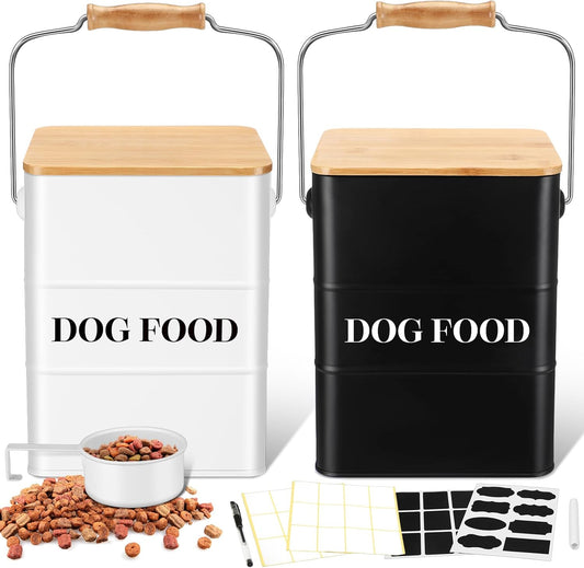 Tioncy 2 Pcs Metal Dog Food Storage Containers Total 10-14 Lbs (50 Cup) Capacity, Airtight Pet Food Canister with Bamboo Lids Scoop DIY Labels Dog Treat Storage Jars for Kitchen Counter(White)