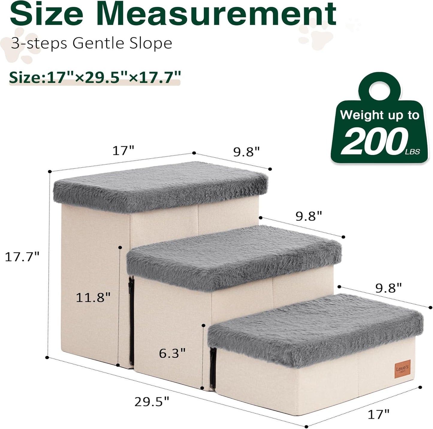 Love's cabin Dog Stairs with Storage 13" H, Foldable Pet Stairs for Small Medium or Large Dogs, Cat Puppy Steps Ramp with Zip up to 150 lbs, Solid Grey, 2 Steps