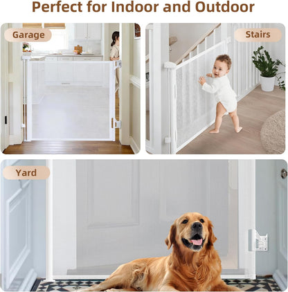 Retractable Baby Gate, 55 in Wide x 33 in Tall Mesh Dog Gate, Hardware Mounted Safety Gate with Double Lock for Doorways, Hallways, Indoor Outdoor, White