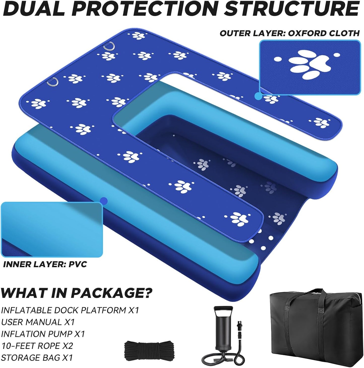 Inflatable Dock Platform, Medium Dog Boat Ramp Floating Non-Slip Oxford and PVC with Small Water Ramp for Dogs Pool, Dock, Lake with Traction Rope, Manual Air Pump (3.2ft x 2.2ft x 4in) M01