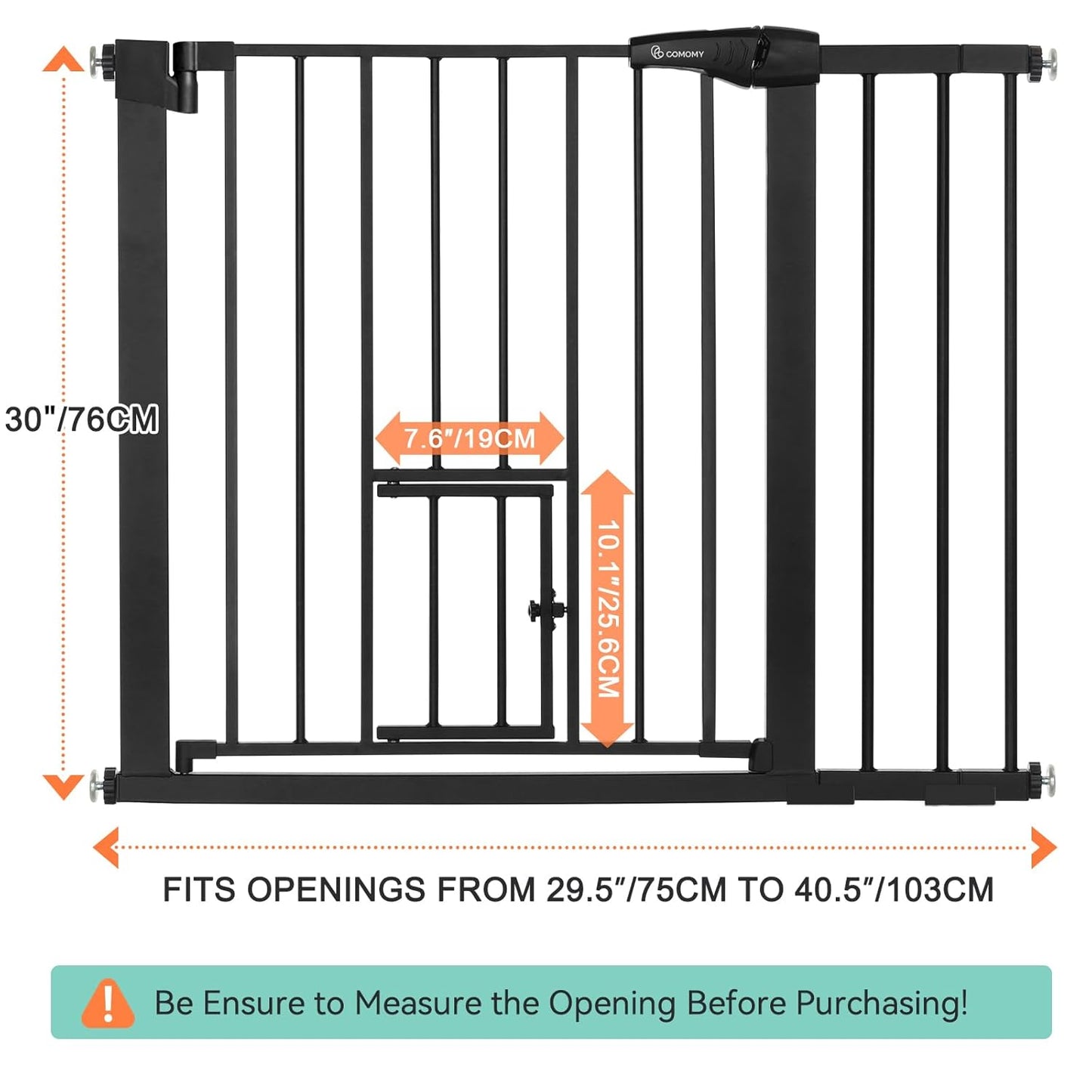 COMOMY Auto Close Baby Gate with Cat Door, 29.5"-40.5" Extra Wide Dog Gate for House Doorways Stairs, Pressure Mounted Easy Walk Thru Pet Gate, Includes 4 Wall Cups and 2 Extension Pieces, Black