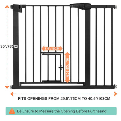COMOMY Auto Close Baby Gate with Cat Door, 29.5"-40.5" Extra Wide Dog Gate for House Doorways Stairs, Pressure Mounted Easy Walk Thru Pet Gate, Includes 4 Wall Cups and 2 Extension Pieces, Black