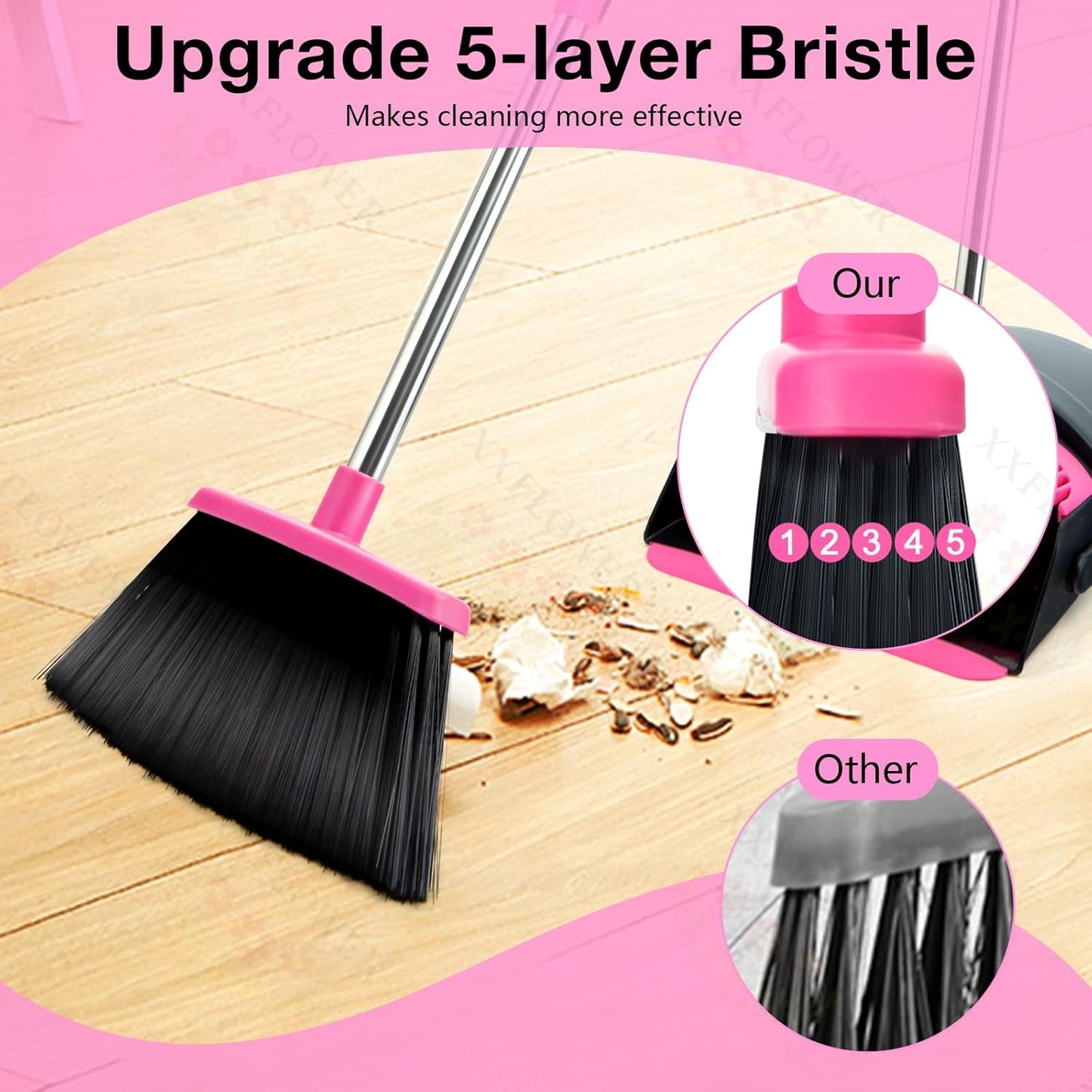 Broom and Dustpan Set with Long Handle, Light Weight Stainless Steel Poles Stand Upright Dustpans with Broom Combo for Home Kitchen Office Pet Dog Hair, Brown & Beige Color, 1-Pack