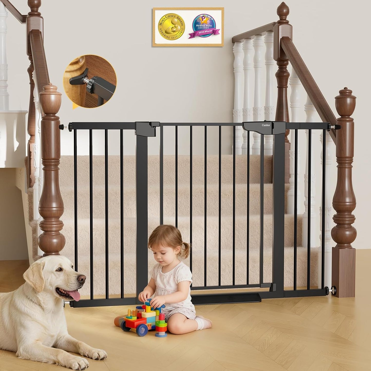 Cumbor 36.6-64" Extra Wide Baby Gate for Stairs, Dog Gates for Doorways, Auto-Close Pet Gate Indoor, Pressure Mounted Walk Through Safety Child Gate for Kids Toddler, Tall Pet Puppy Fence Gate, Brown