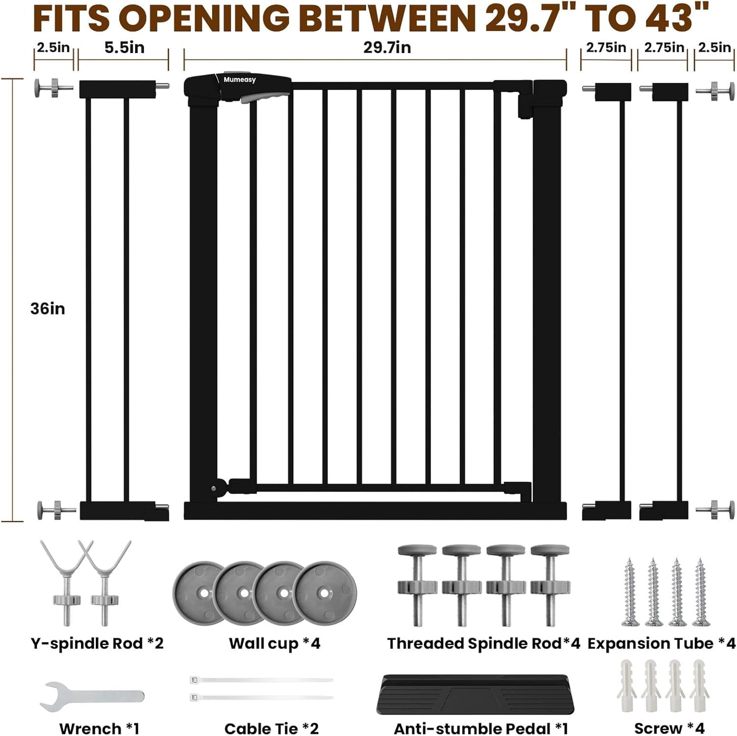 Mumeasy 29.7-46" Baby Gate for Stairs, Pressure Mounted Dog Gate for Doorways, Auto Close Walk Through Pet Gate Indoor, Extra Wide Metal Child Safety Gate, Mom's Choice Awards Winner, Black