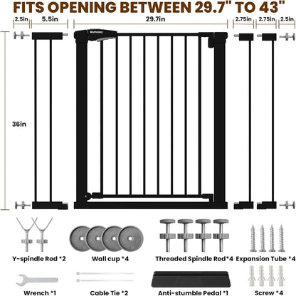 Mumeasy 29.7-46" Baby Gate for Stairs, Pressure Mounted Dog Gate for Doorways, Auto Close Walk Through Pet Gate Indoor, Extra Wide Metal Child Safety Gate, Mom's Choice Awards Winner, Black