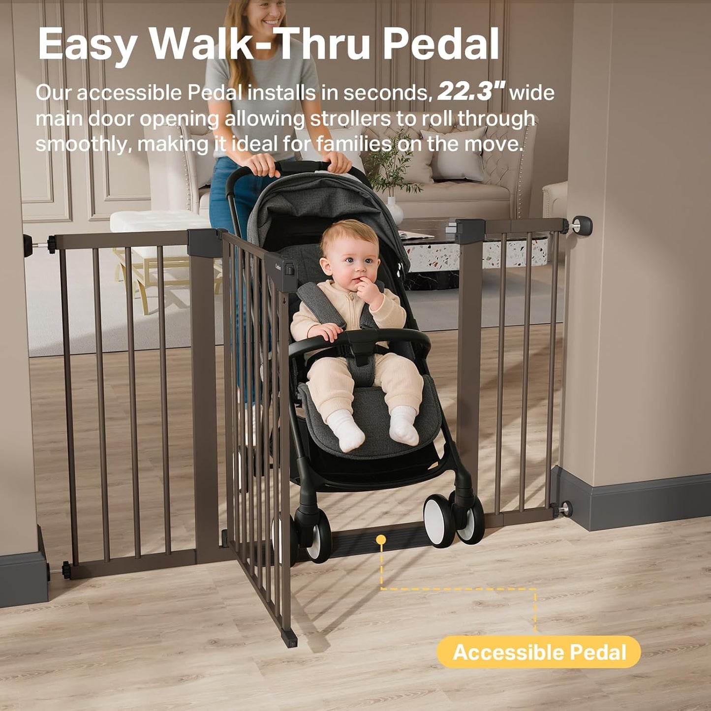 Cumbor 36.6-64" Extra Wide Baby Gate for Stairs, Dog Gates for Doorways, Auto-Close Pet Gate Indoor, Pressure Mounted Walk Through Safety Child Gate for Kids Toddler, Tall Pet Puppy Fence Gate, Brown
