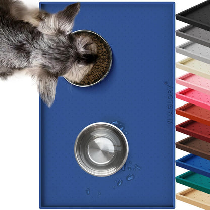 VIVAGLORY Dog Bowl Mat Grippymat Pet Food Mat, Waterproof Washable Nonslip Silicone for Pet & Cat, Food and Water Placemat with Lip & Raised Edges for Indoor Floor, S, Grey