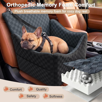 JOEJOY Elevated Dog Car Seat for Small/Medium Dogs up to 35 lbs, Memory Foam Booster Seat with Detachable Washable Cover, Travel-Safe Car Bed with Safety Belts & Storage Pockets, Grey