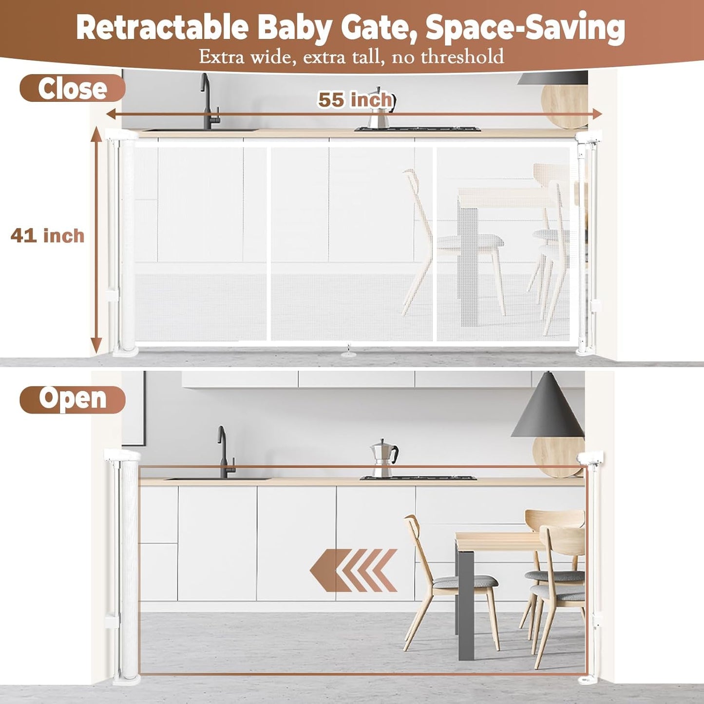 236" Retractable Baby Gate Extra Wide, 41" Tall Retractable Dog Gate for Stairs, Doorways, Decks, Mesh Gate Long Child Gate Pet Gate for Indoor, Outdoor, with Reinforced Mesh Rods, Dual Locks