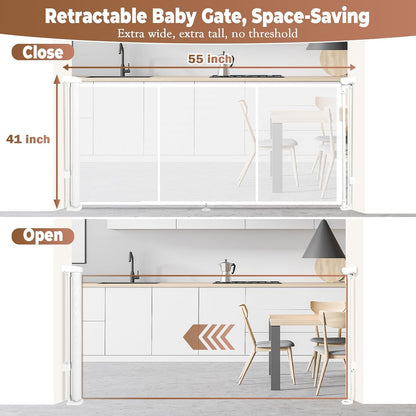 236" Retractable Baby Gate Extra Wide, 41" Tall Retractable Dog Gate for Stairs, Doorways, Decks, Mesh Gate Long Child Gate Pet Gate for Indoor, Outdoor, with Reinforced Mesh Rods, Dual Locks