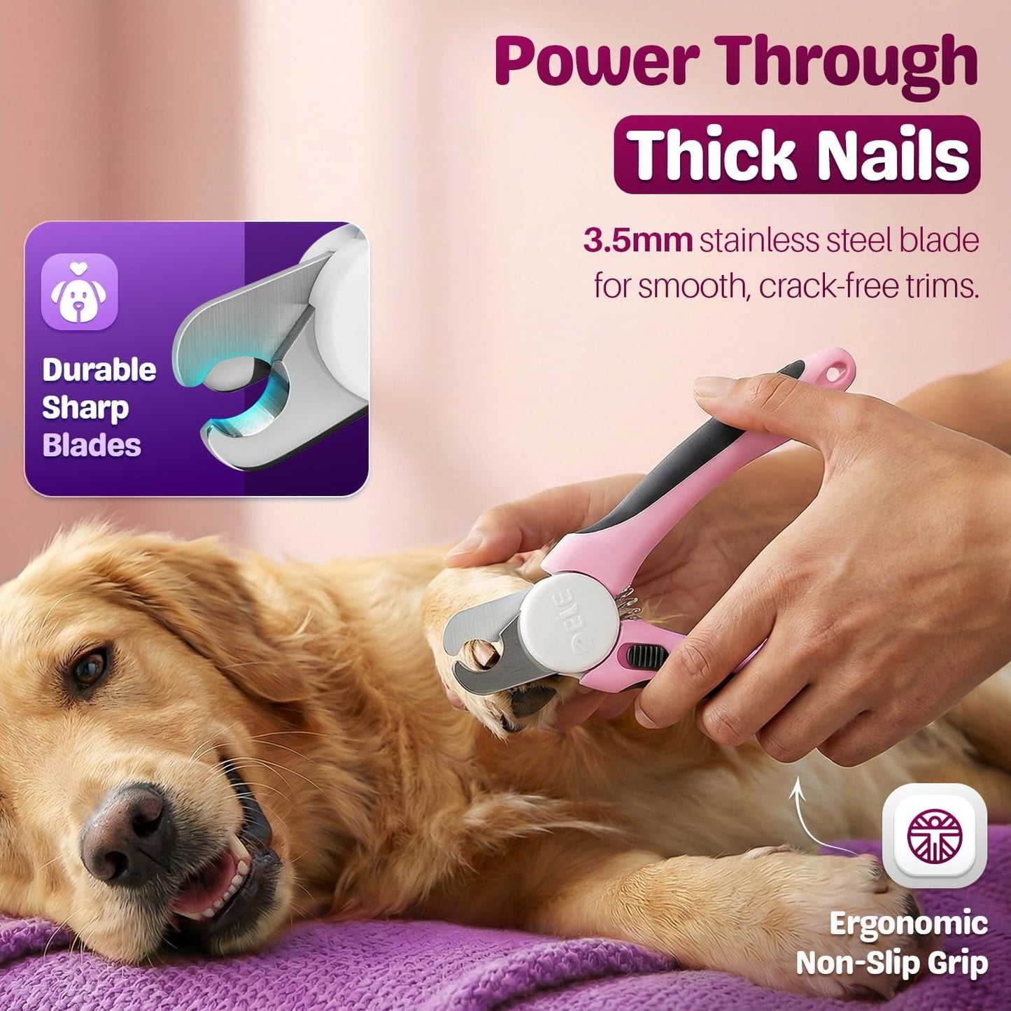 Flexzion Pet Nail Clippers for Dogs & Cats - Stainless Steel Blade Cat Nail Trimmer with Stored Nail File, Safety Guard, Easy Grip Handle - Dog Nail Clippers for Large Dogs, Medium Small Breeds, Pink