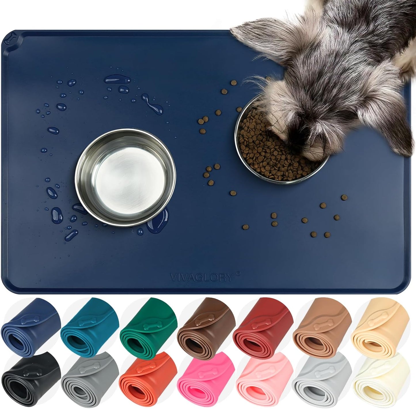 VIVAGLORY Dog Food Mat Flexmat Dog Bowl Mat, Placemat Food Tray with Raised Edges & Lip for Indoor Floor, Non Slip Waterproof Silicone Dish Placemat for Cat & Pet, S, Grey