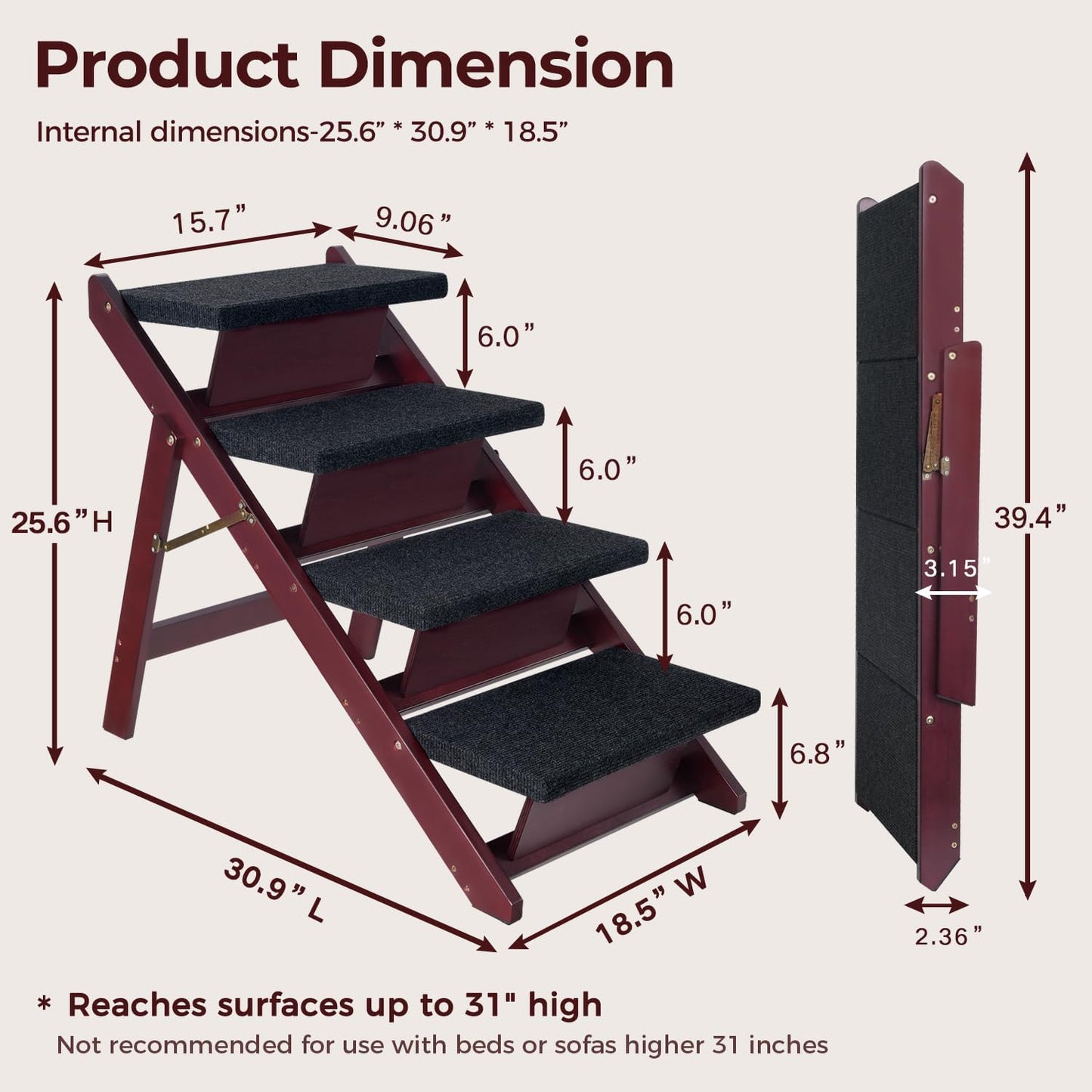 BRIKY Wooden Dog Stairs/Steps 19.5”H - Foldable 3 Steps Dog Steps for High Bed Couch Cars, Non-Slip Pet Stairs for Small Large Medium Dogs and Cats, No Assembly Required