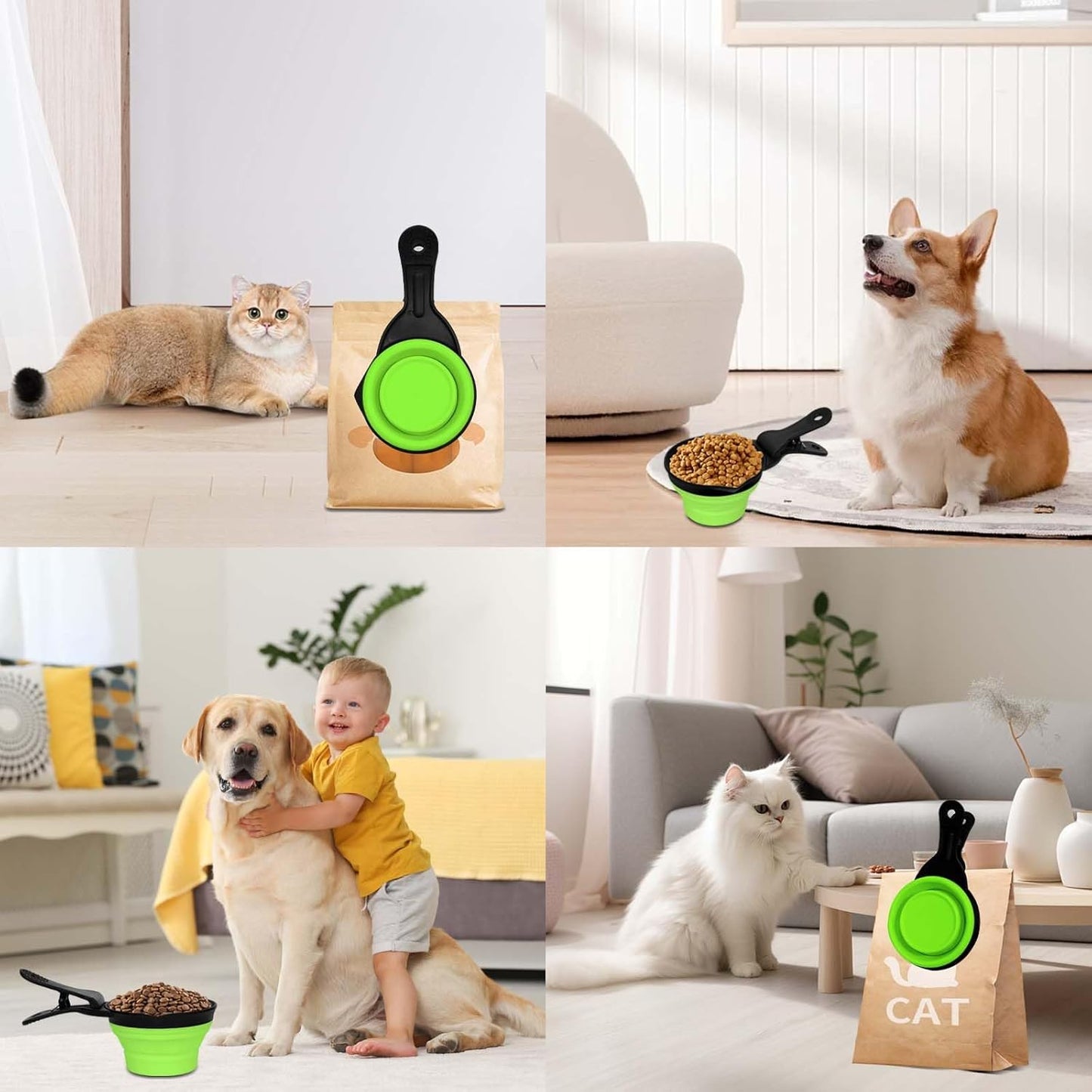 Collapsible Dog Food Scoop Foldable Pet Food Bag Clip 3 in 1 Multi-function Silicone Cat Food Measuring Cup Scoop Dog Food Scooper Pet Food Storage Clip (Green, 1 Cup Capacity(1 Pack))