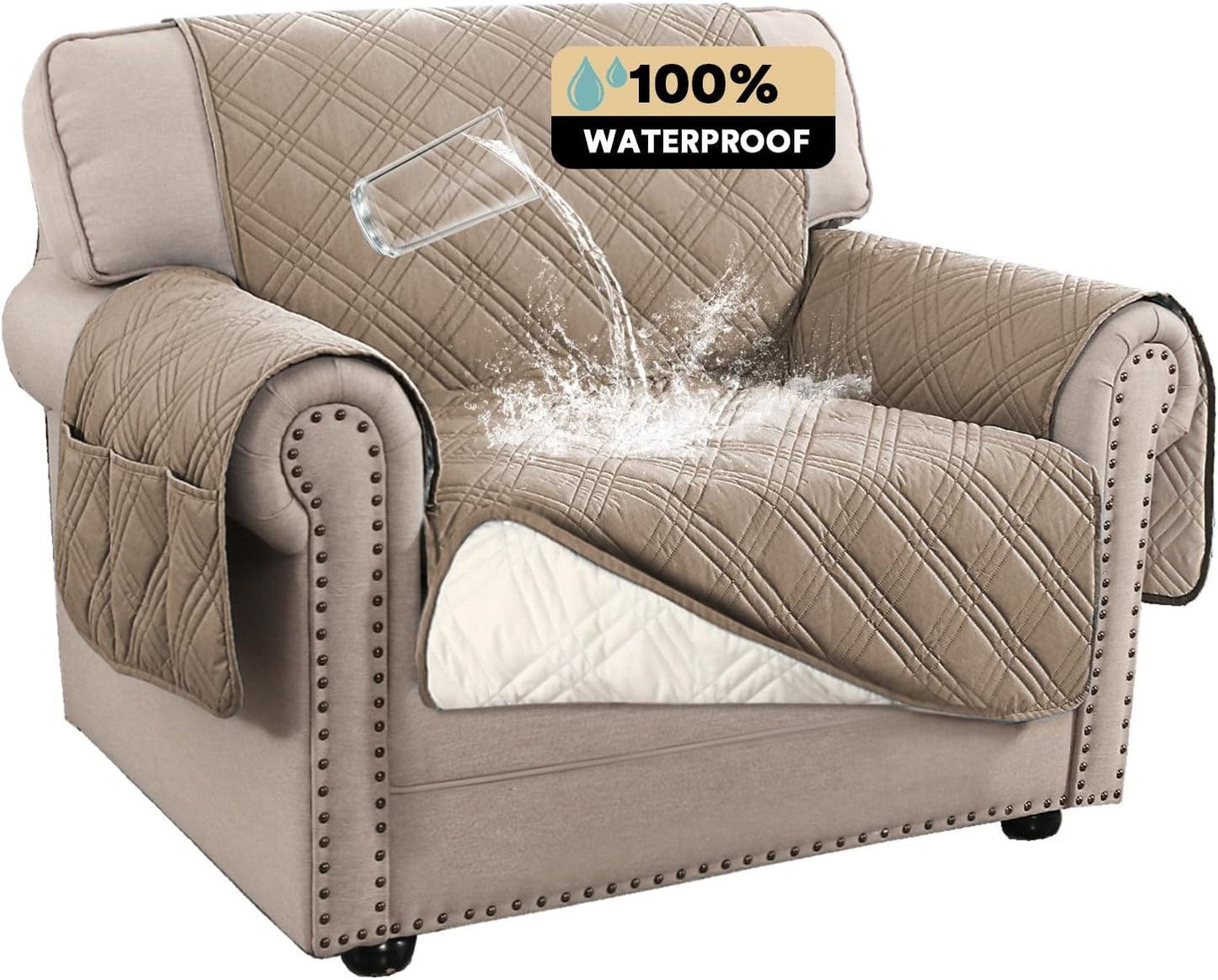 PrinceDeco 100% Waterproof Couch Cover for 3 Cushion Couch Sofa Pet Friendly Non-Slip Couch Cover for Dogs Washable Water Resistant Furniture Protector with Elastic Straps(Sofa 68", French Oak)
