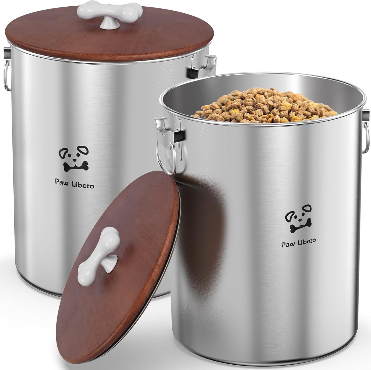Paw Libero 25 Lbs Stainless Steel Dog Food Storage Container with Airtight Wooden Lid & Ceramic Bone Handle, Large Metal Dog Food Bin for Dogs & Cats, Keep Fresh, Easy to Clean