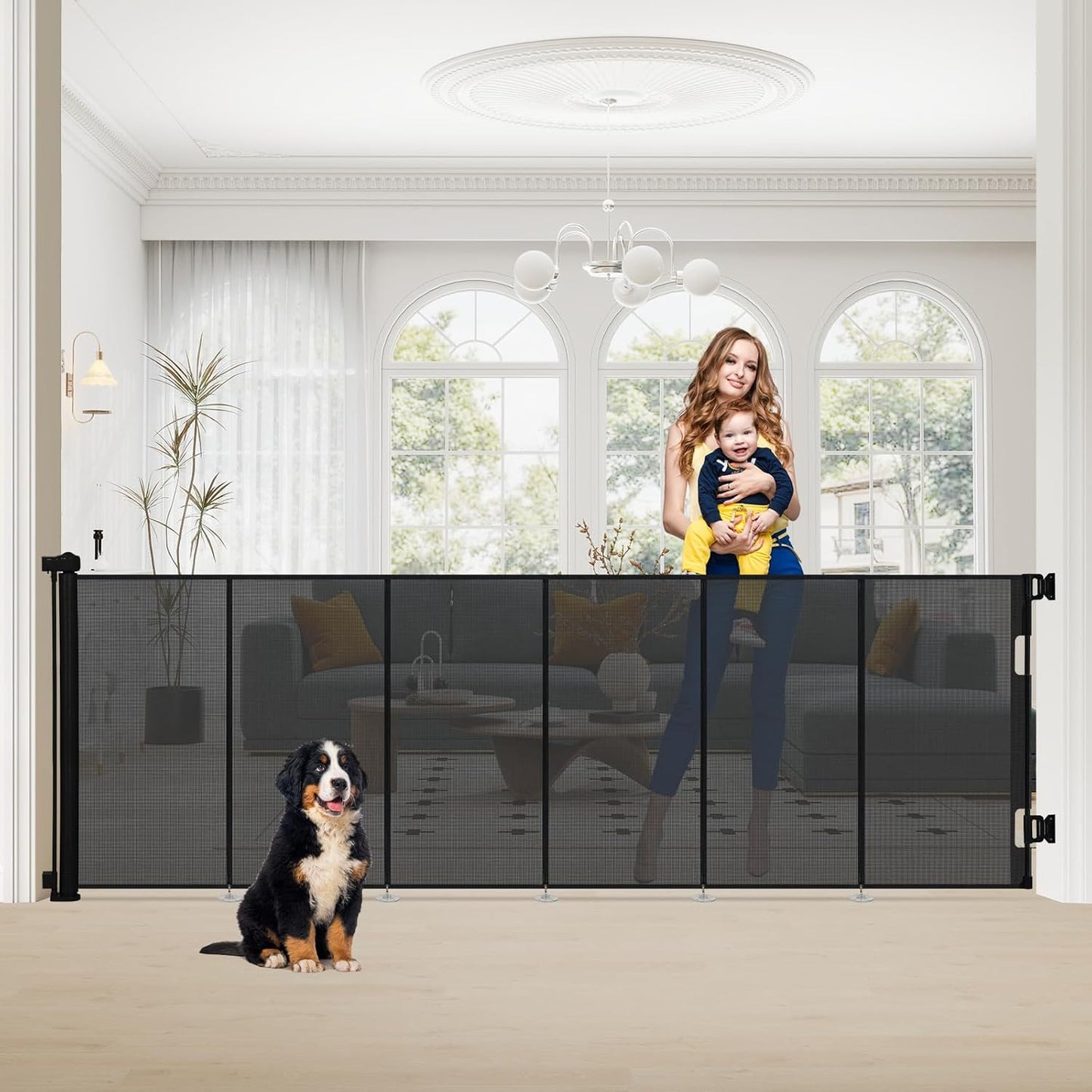 SMONTER Extra Wide Retractable Dog Gates, Mesh Baby Gate with Support Rods Extend to 118" Wide 33" Tall, Portable Safety Retractable Gate for Stairs, Indoor/Outdoor, Black