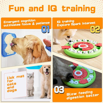 4 in1 Dog Puzzle Toy Set - Slow Feeder & Lick Mat for Puppy IQ Training & Mental Stimulate Treat Dispensing Ball | Pet Enrichment Interactive Toy (4 in 1 Blue+Green)