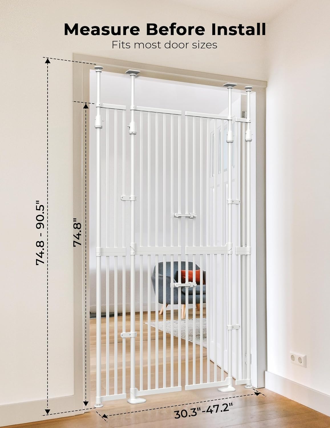 Extra Tall Cate Gate for Doorway: Pressure Mount 74.8"-90.5" Tall Cat Gate for Pets in Extra 30.3"-47.2" Width No Wall Drilling No Toddler for Indoor Stairs Hallway Room Safety Barrier