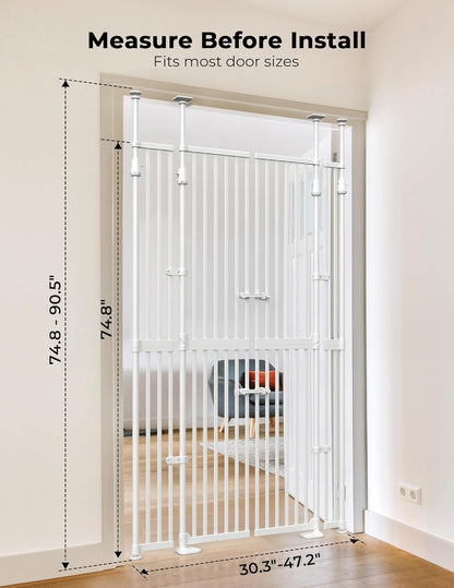 Extra Tall Cate Gate for Doorway: Pressure Mount 74.8"-90.5" Tall Cat Gate for Pets in Extra 30.3"-47.2" Width No Wall Drilling No Toddler for Indoor Stairs Hallway Room Safety Barrier