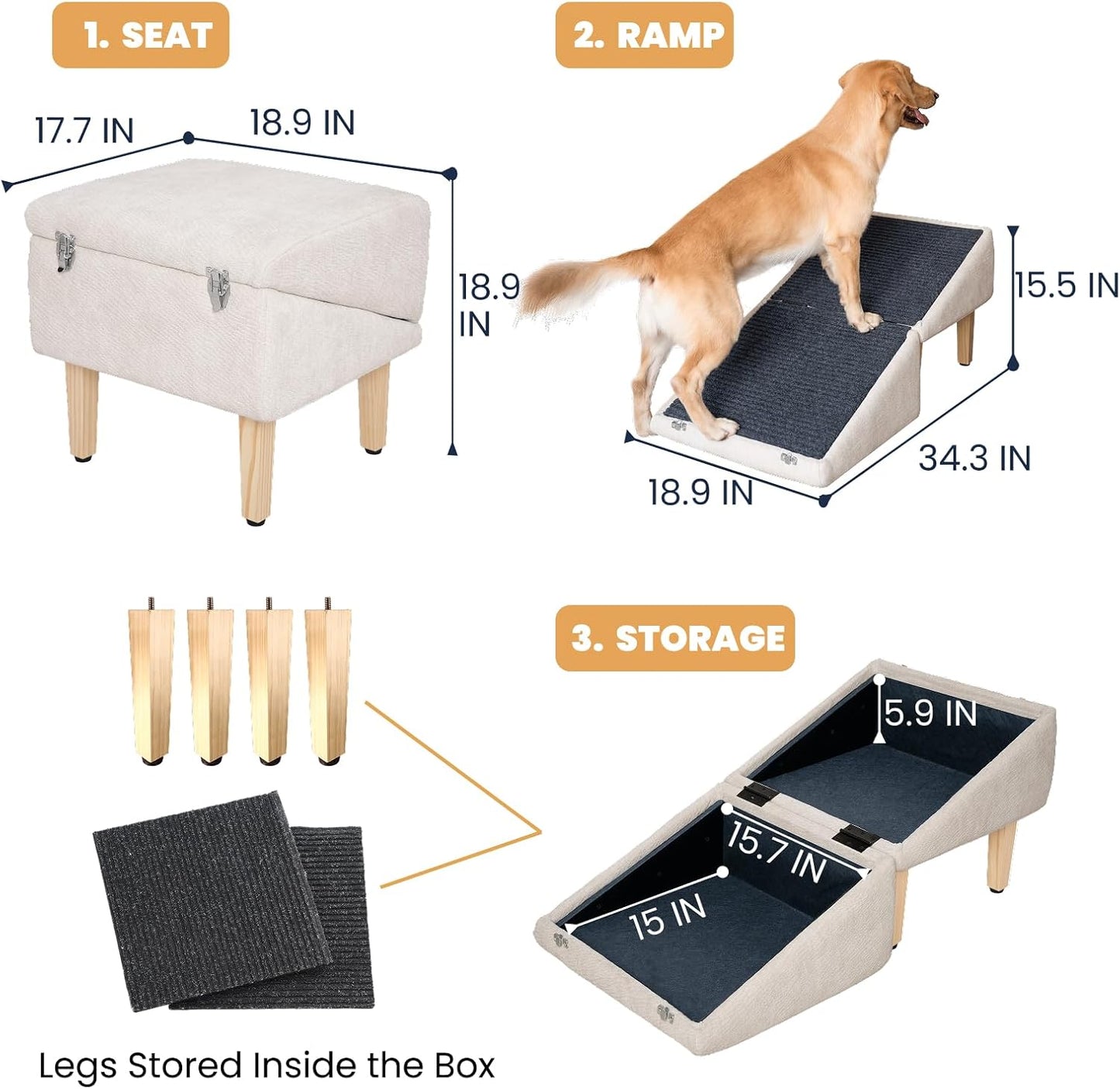 3-in-1 Dog Ramp 18.9"×17.7"×18.9" with Storage – Pet Stairs for Senior & Injured Dogs & Cats, Hidden Storage Footstool, Ottoman Anti-Slip, Supports 220 lbs for Beds & Sofas (Blue-pro)