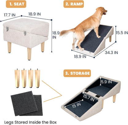 3-in-1 Dog Ramp 18.9"×17.7"×18.9" with Storage – Pet Stairs for Senior & Injured Dogs & Cats, Hidden Storage Footstool, Ottoman Anti-Slip, Supports 220 lbs for Beds & Sofas (Blue-pro)