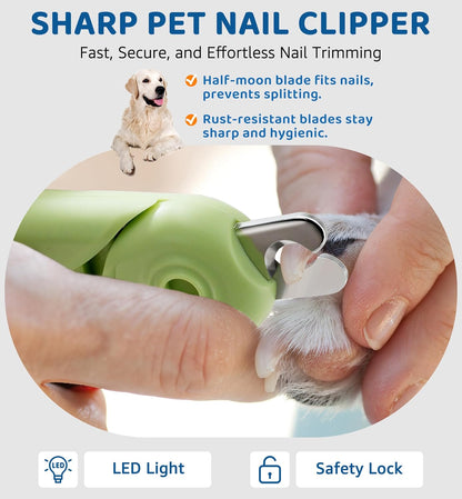Pet Nail Clipper with Light for Cats & Small Dogs Puppies, Ultra Bright LED to Illuminate Nail Bloodline to Avoid Over Cutting, Extra-Sharp and Durable Cat Claw Trimmer with Nail File (Green)